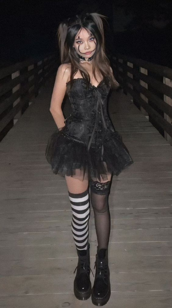 Gothic Black Corset Dress with Tulle Skirt